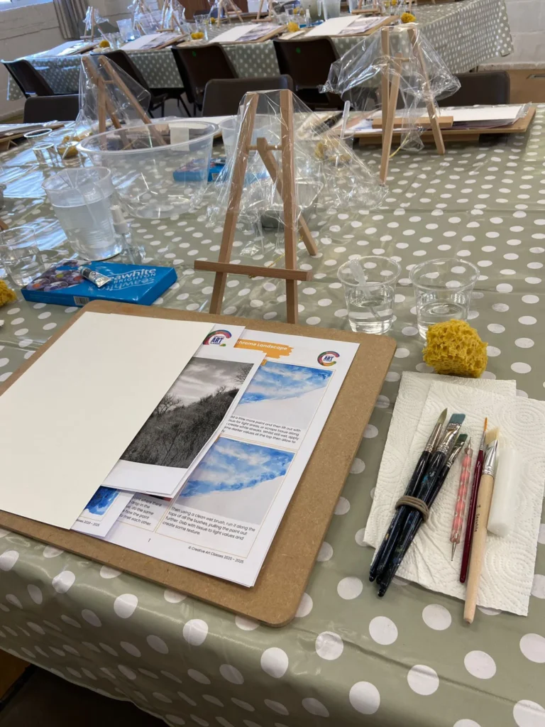 Art class seat set up and ready for students. We provide the materials and set everything up for you.